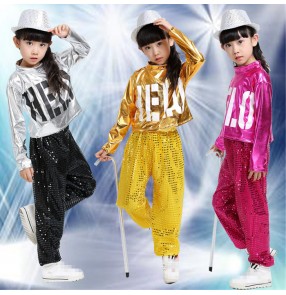 Silver gold fuchsia hot pink yellow sequins paillette long sleeves girls school play performance hip hop jazz dance costumes outfits
